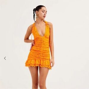 For Love & Lemons Jamie Mini Dress orange, double ruffle hemline XS NWT